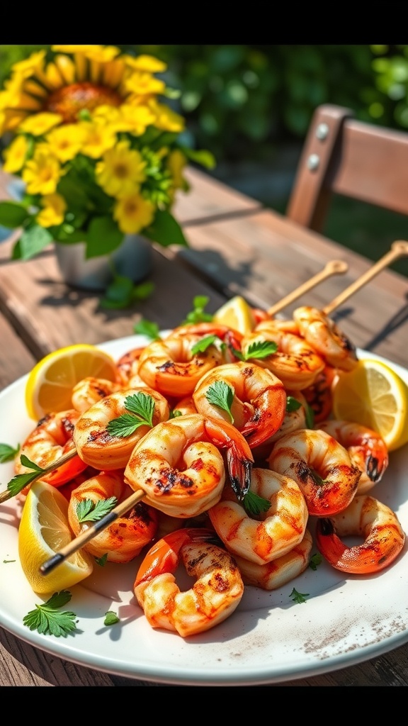Grilled shrimp skewers with lemon and herbs on a rustic table, garnished with lemon wedges.